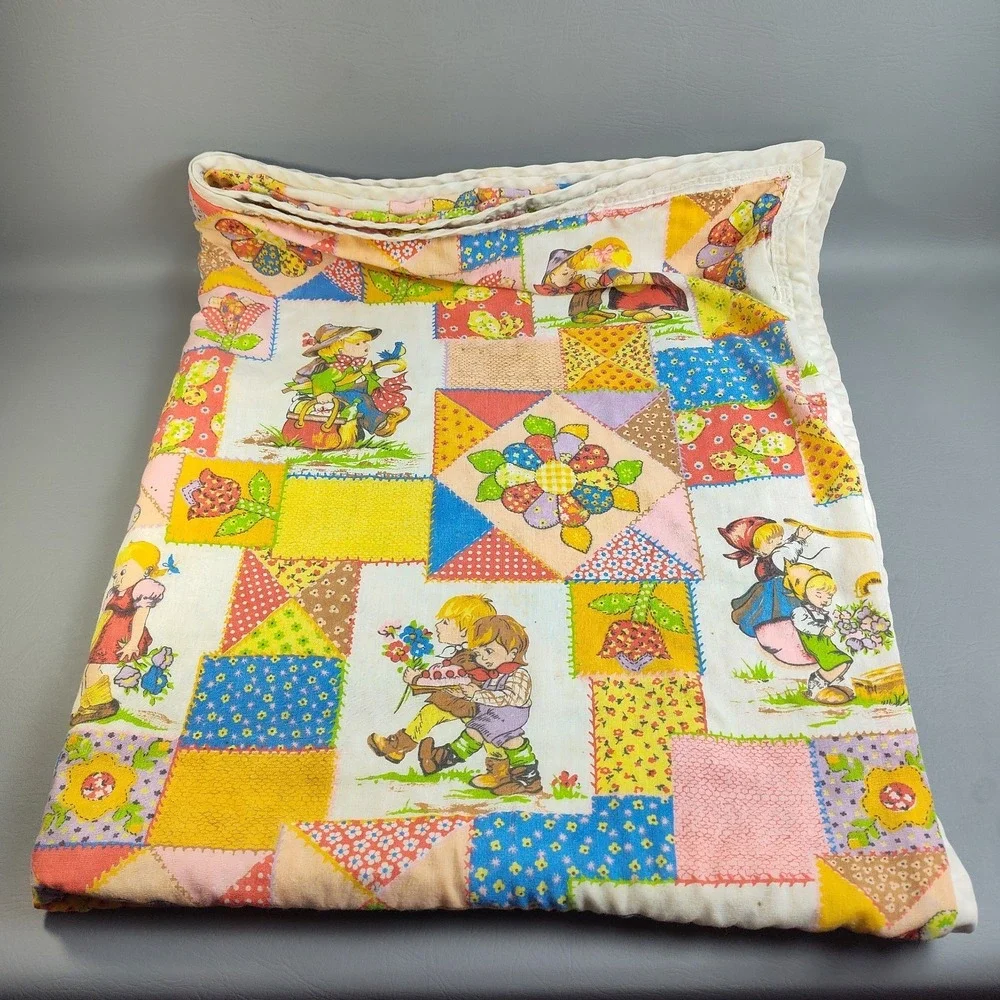 Vintage 1970s Hollie Hobbie Style Patchwork Quilt Blanket Handmade 52x44 Retro